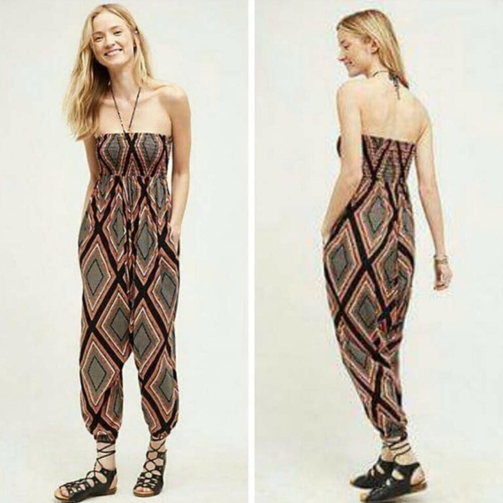 Anthropologie Lilka Mosaic Serra Harem Jumpsuit Halter
Smocked Strapless Aztec